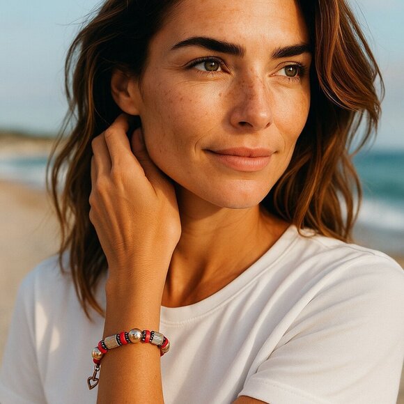 925 Silver Red & WHITE Glass BEADED Bracelet ART GLASS Whimsical Whimsigoth - Picture 2 of 6